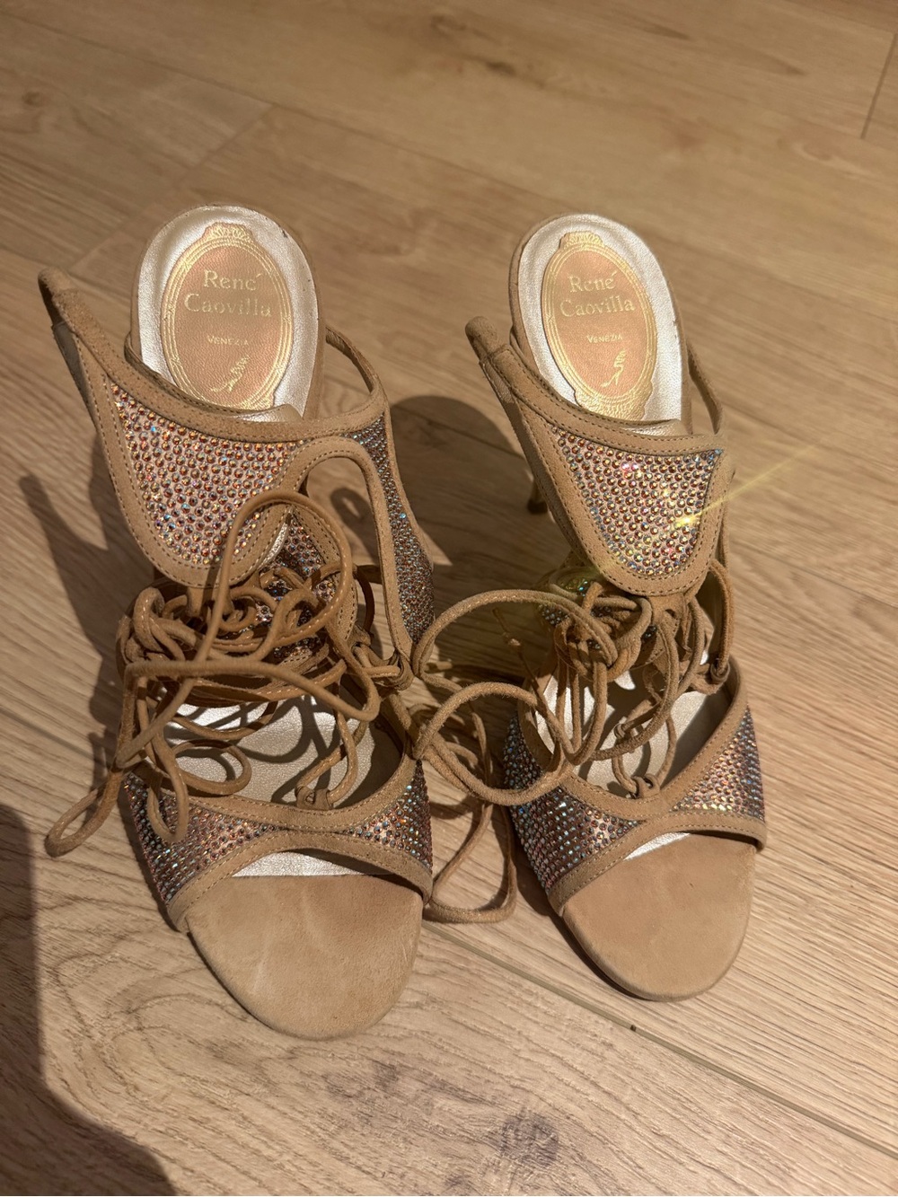 Rene Caovilla Tan Suede Crystal Lace-Up Heels